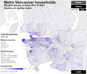 Map showing Metro Vancouver households where renters pay at least 30% of their income on shelter costs